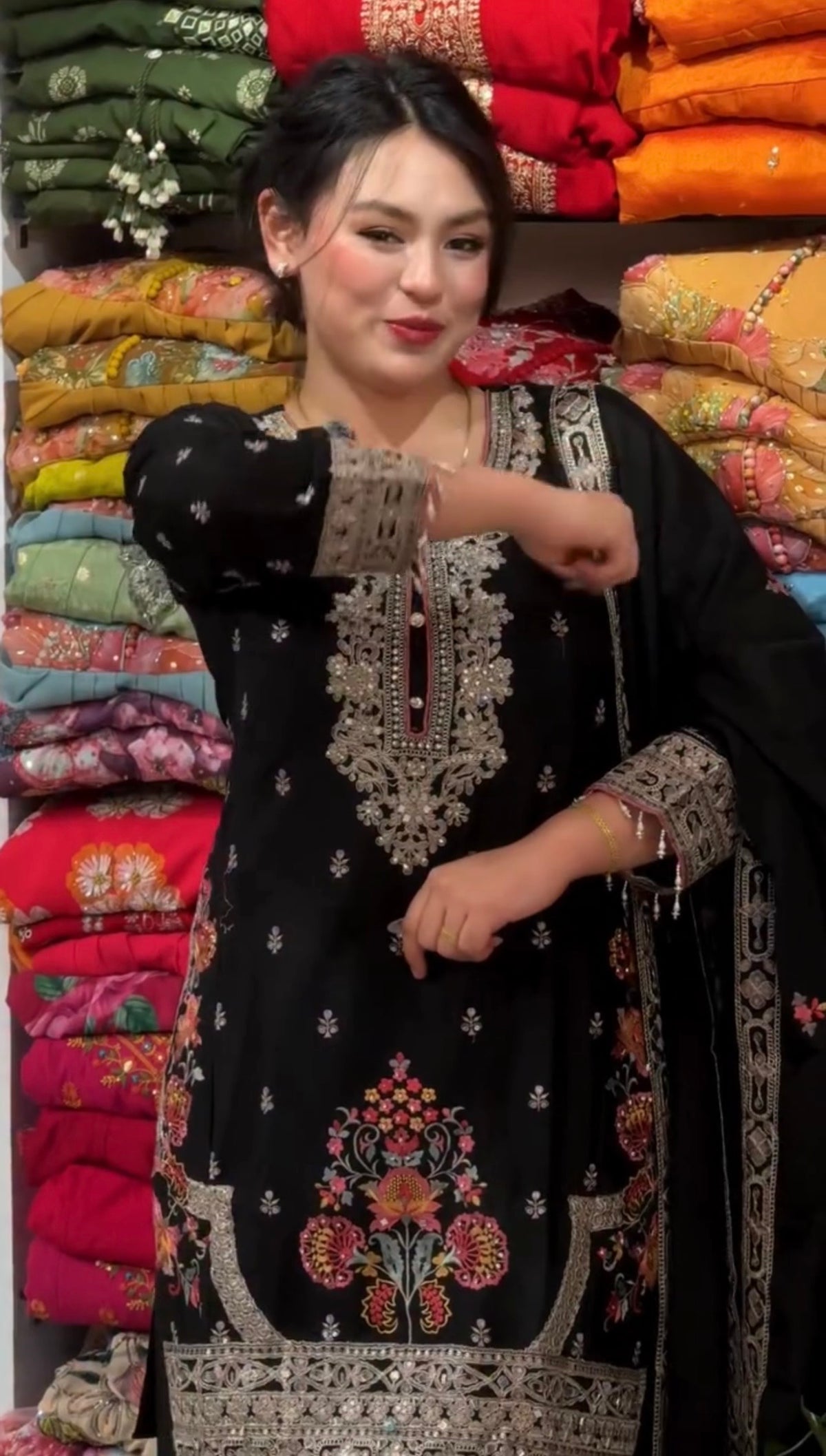 Black Georgette Kurta Palazzo Set with Coding-Dori Work, view 4