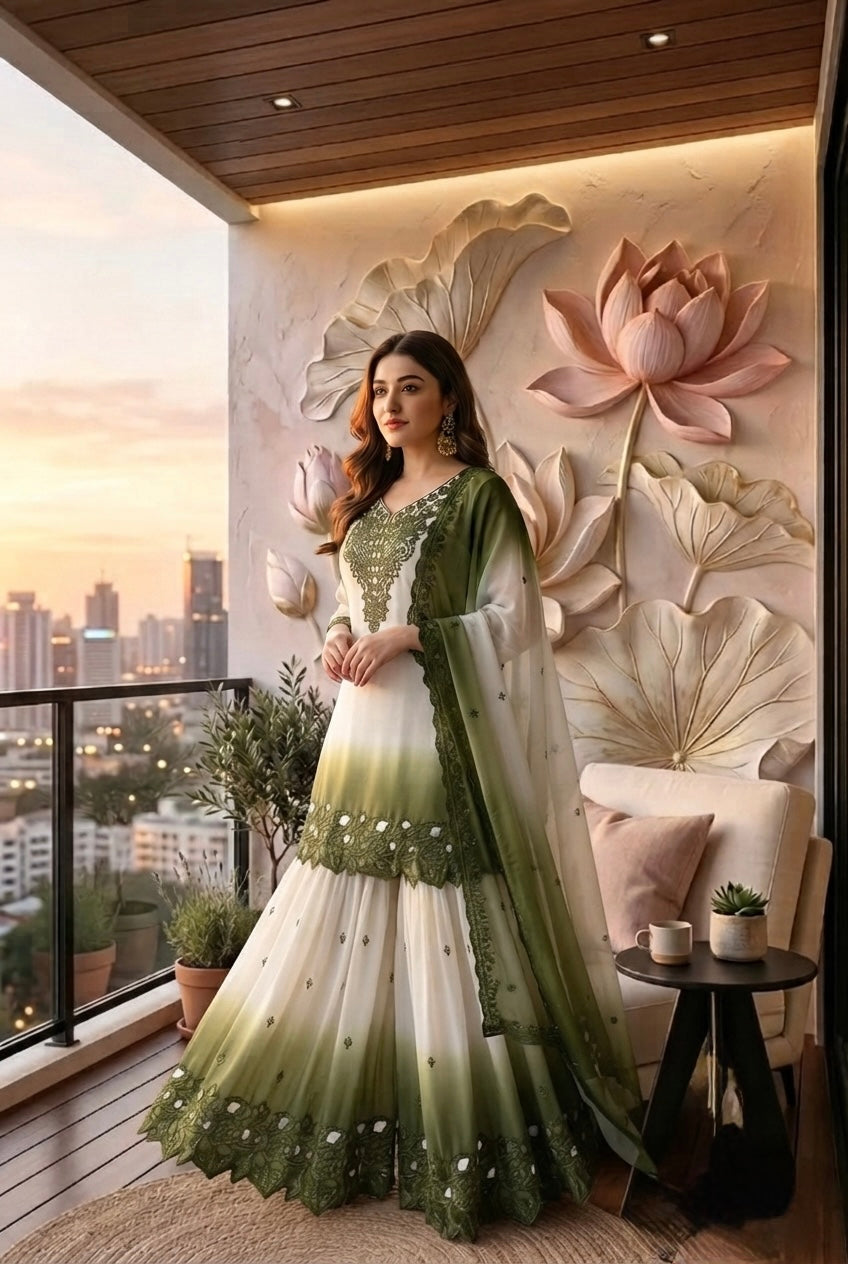 Off-White and Olive Cutwork Georgette Palazzo Set