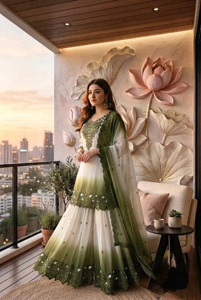 Off-White and Olive Cutwork Georgette Palazzo Set
