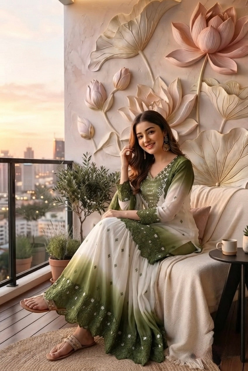 Off-White and Olive Cutwork Georgette Palazzo Set, view 2