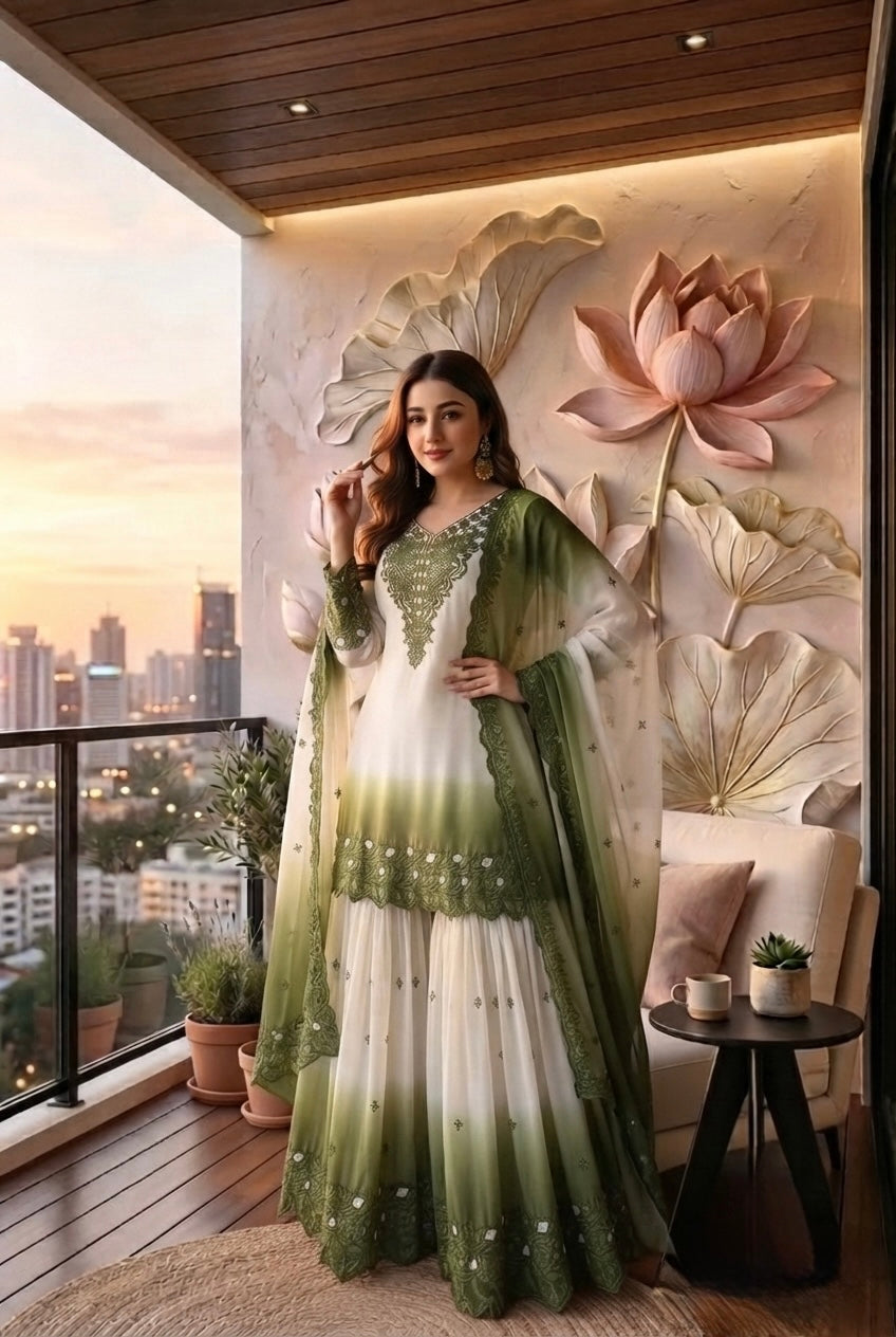 Off-White and Olive Cutwork Georgette Palazzo Set, view 3