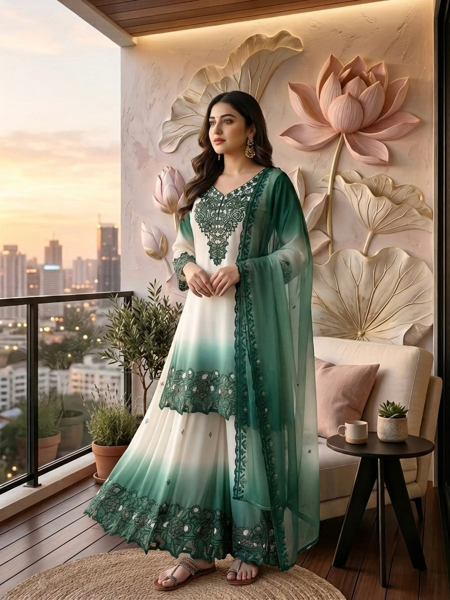 Off-White and Teal Cutwork Georgette Palazzo Set