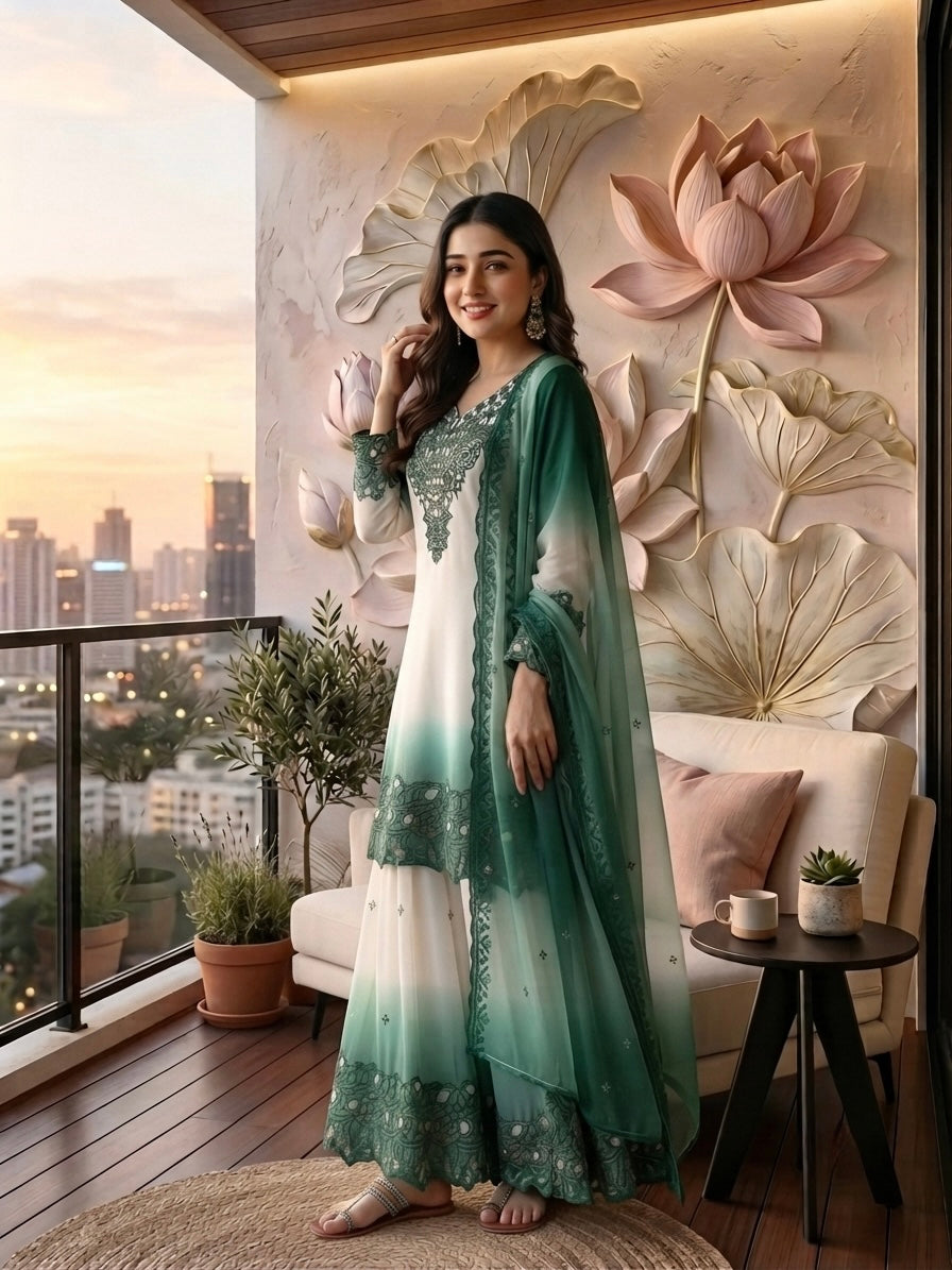 Off-White and Teal Cutwork Georgette Palazzo Set