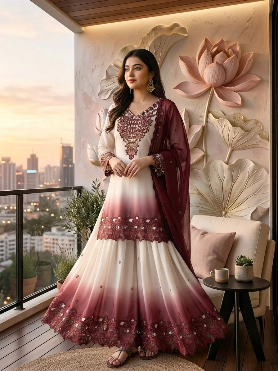 Off-White and Maroon Cutwork Georgette Palazzo Set