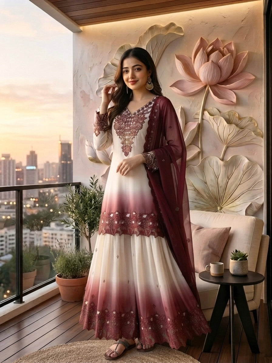 Off-White and Maroon Cutwork Georgette Palazzo Set, view 2
