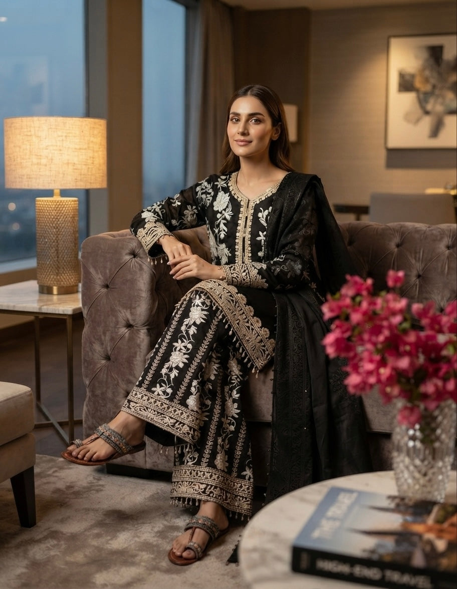 Black Georgette Heavy Embroidered Kurta Palazzo Set