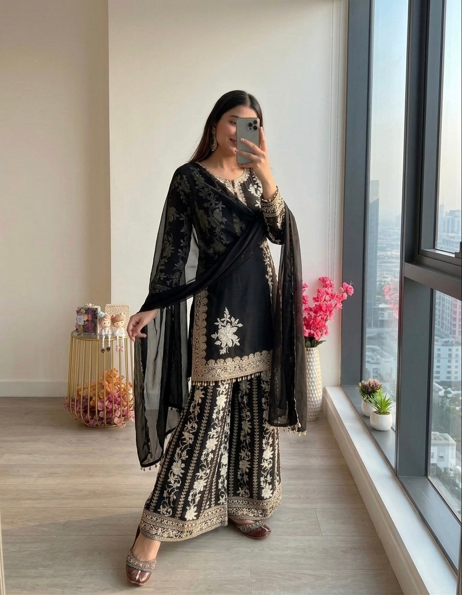 Black Georgette Heavy Embroidered Kurta Palazzo Set, view 2