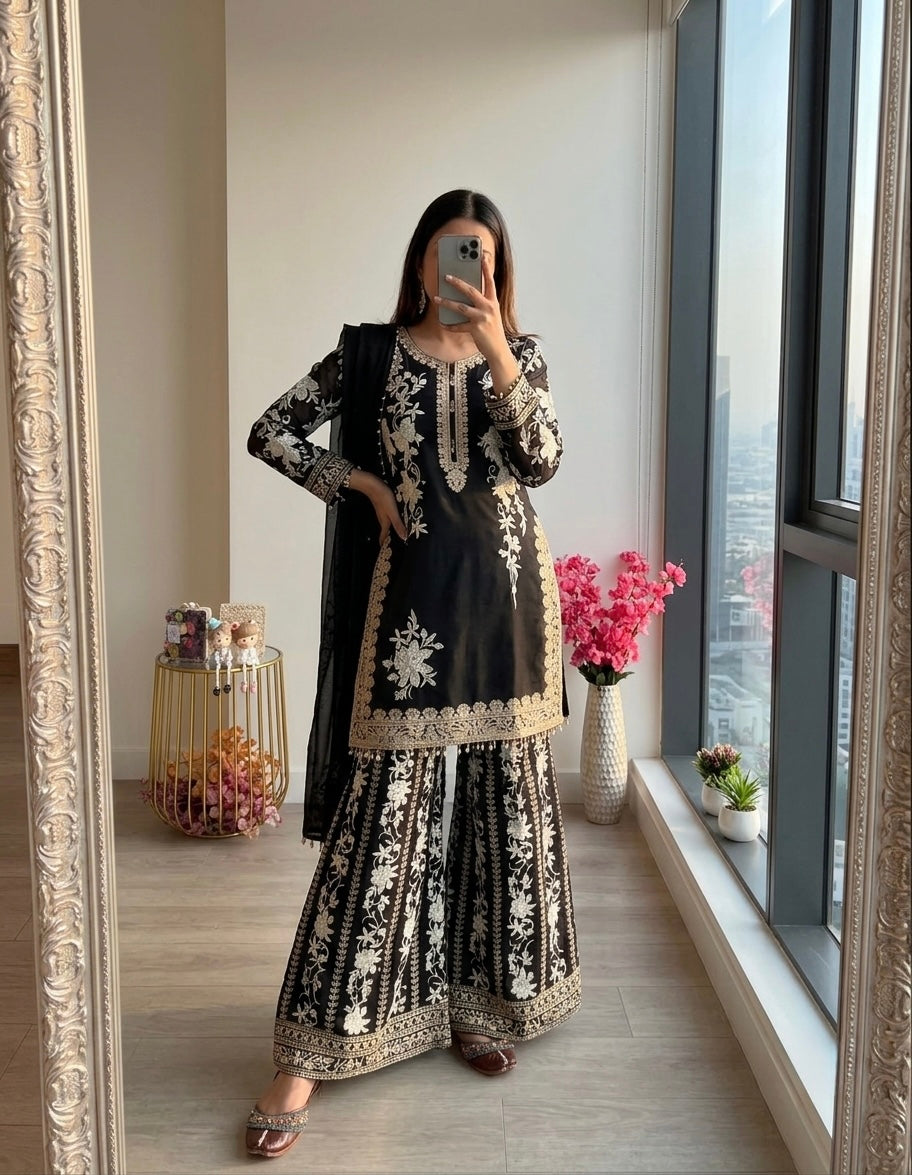 Black Georgette Heavy Embroidered Kurta Palazzo Set, view 3