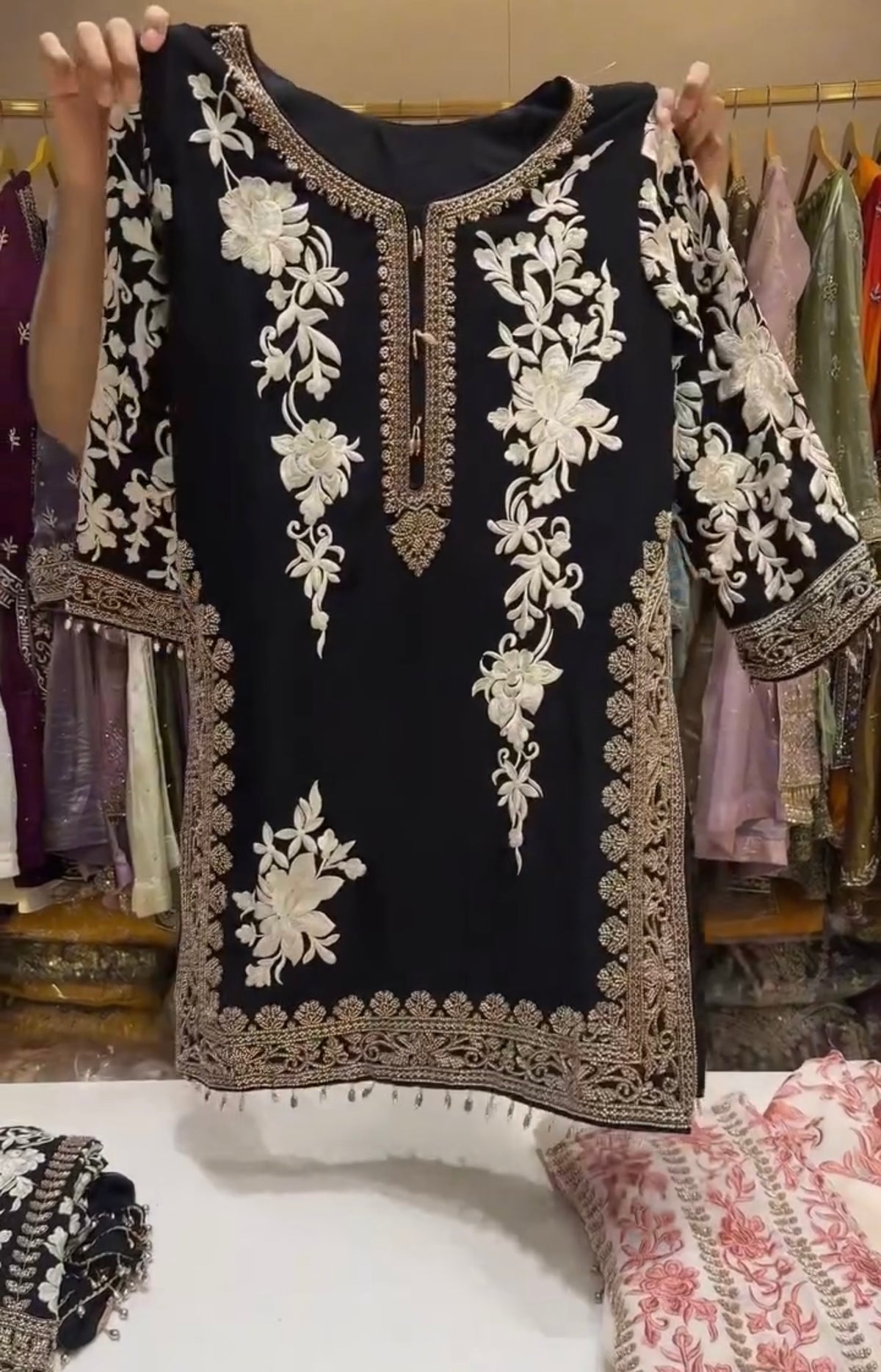 Black Georgette Heavy Embroidered Kurta Palazzo Set, view 4
