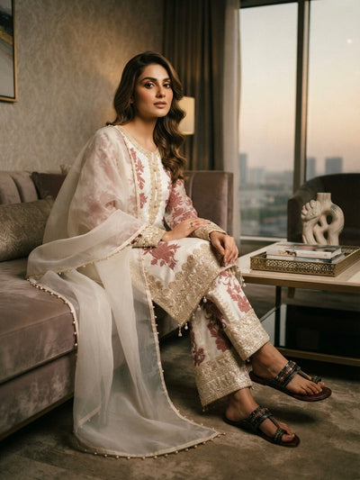 Off-White and Pink Georgette Heavy Embroidered Kurta Palazzo Set
