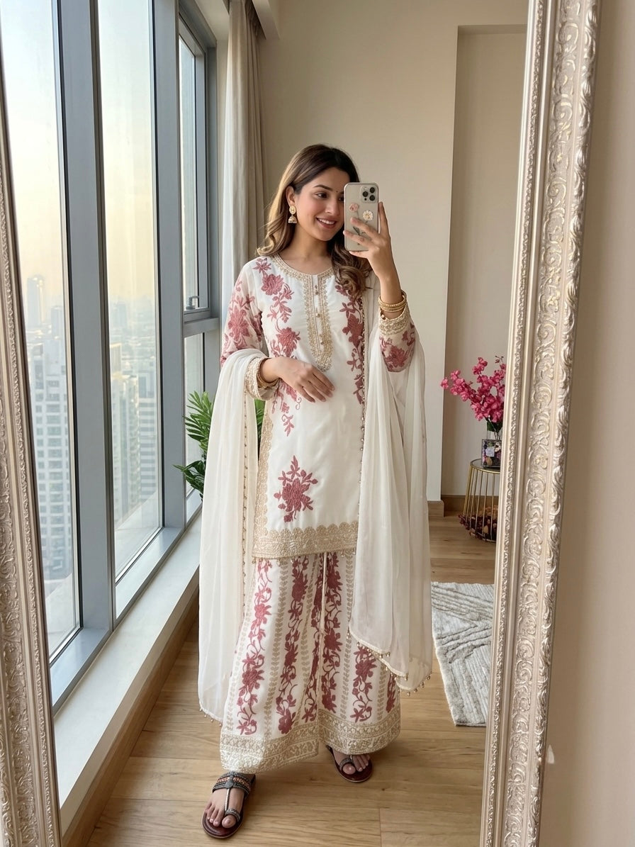 Off-White and Pink Georgette Heavy Embroidered Kurta Palazzo Set