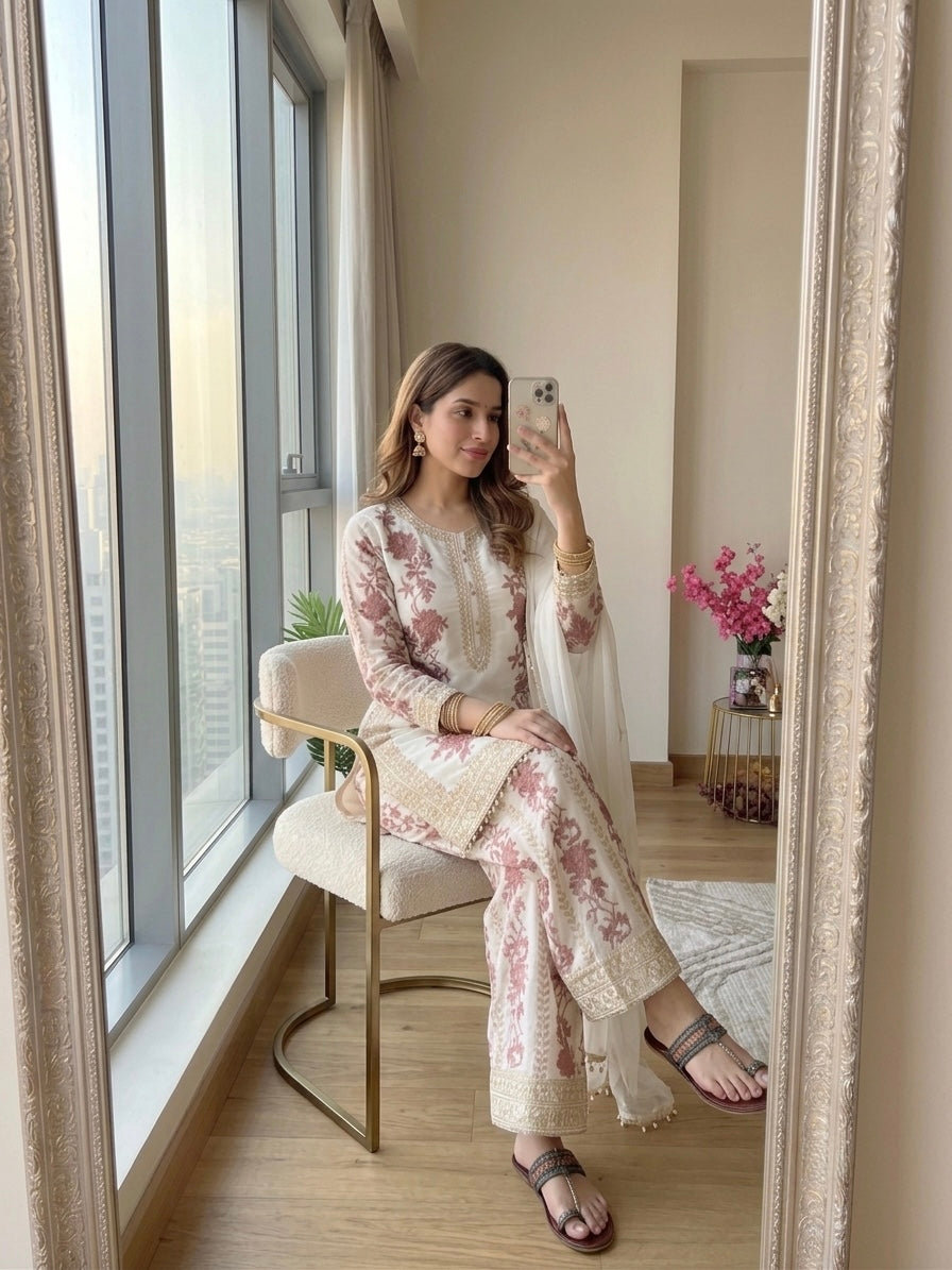 Off-White and Pink Georgette Heavy Embroidered Kurta Palazzo Set, view 3