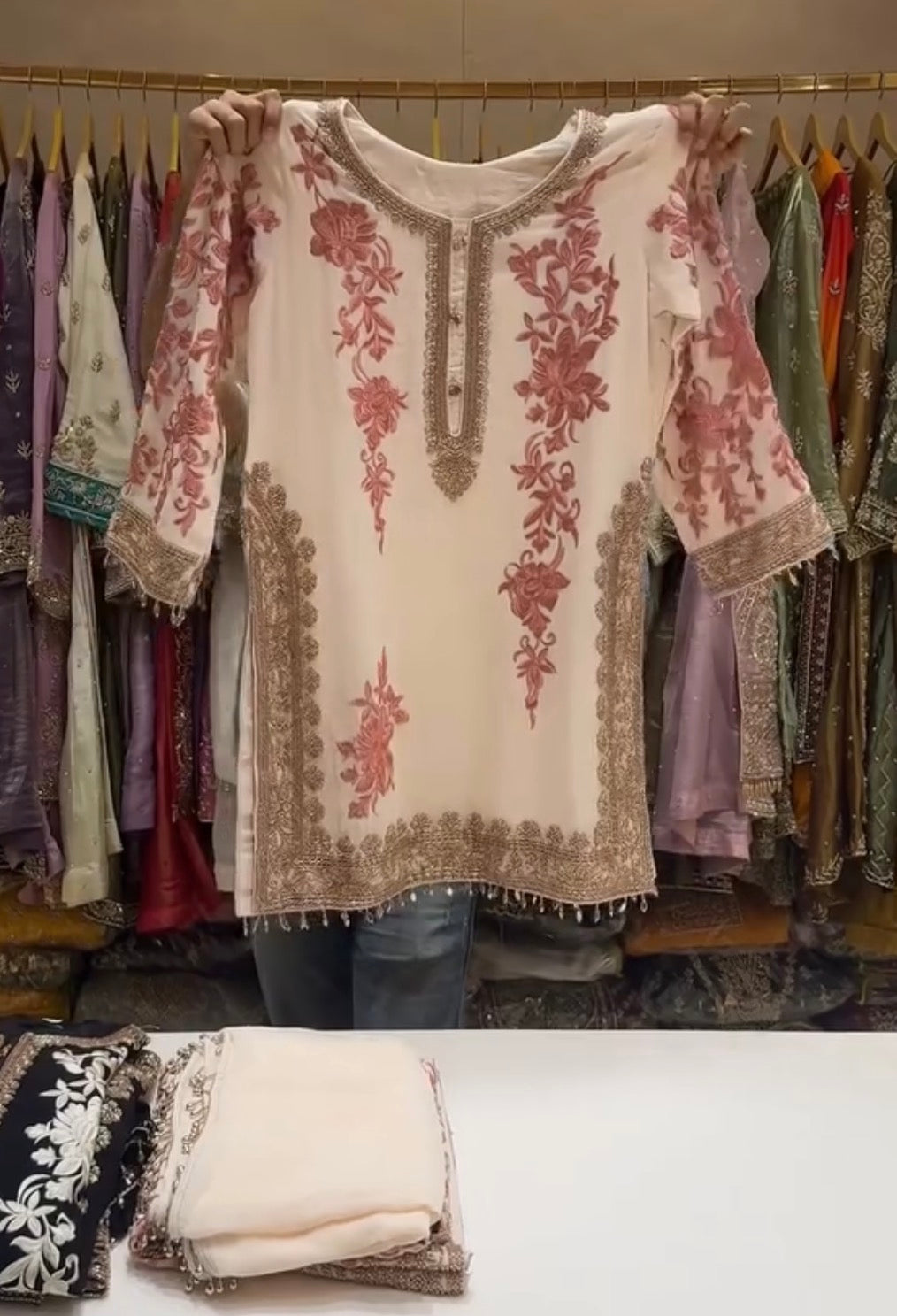 Off-White and Pink Georgette Heavy Embroidered Kurta Palazzo Set, view 4