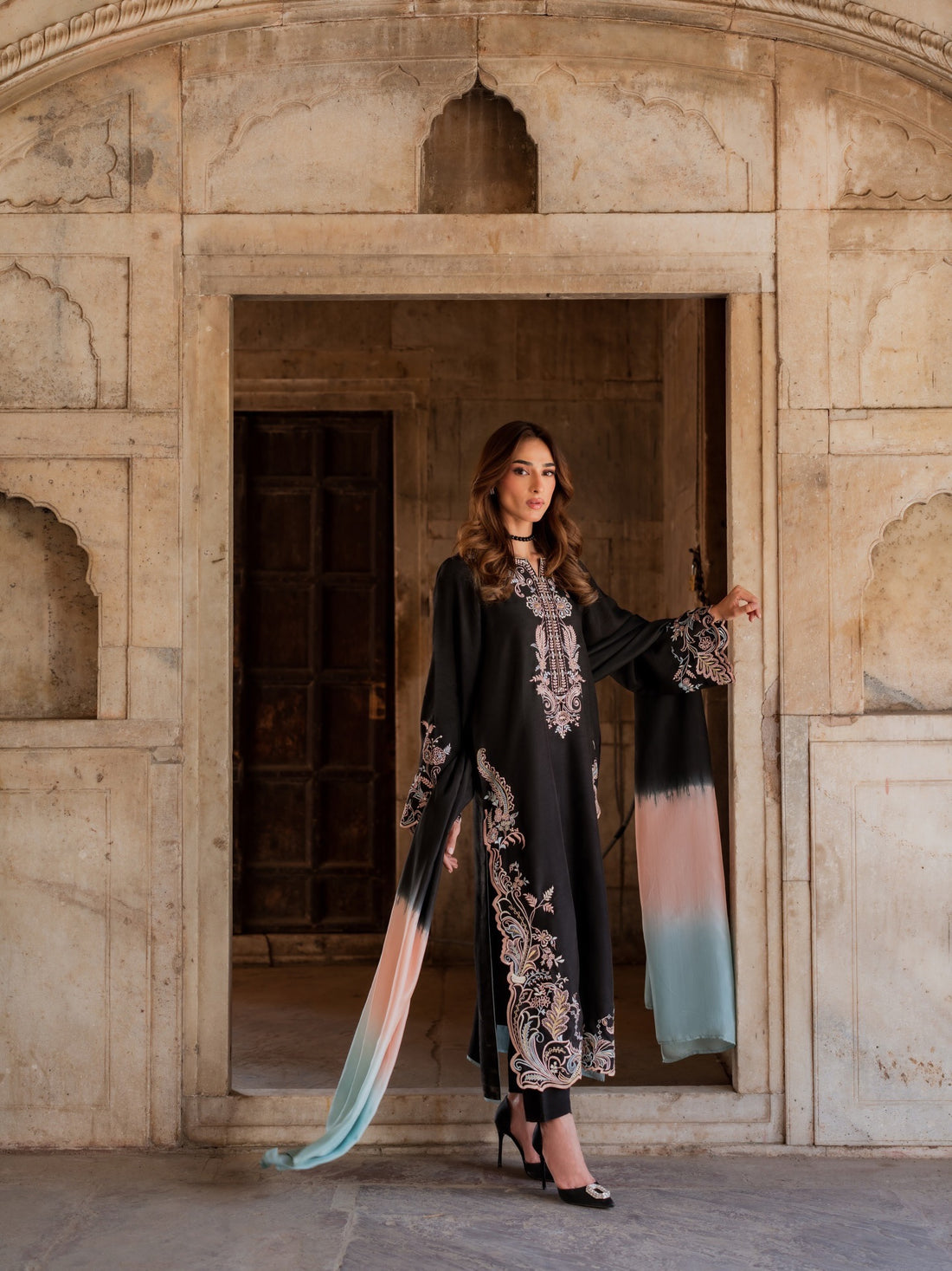 Black Satin Kaftan Kurta Set with Shaded Dupatta