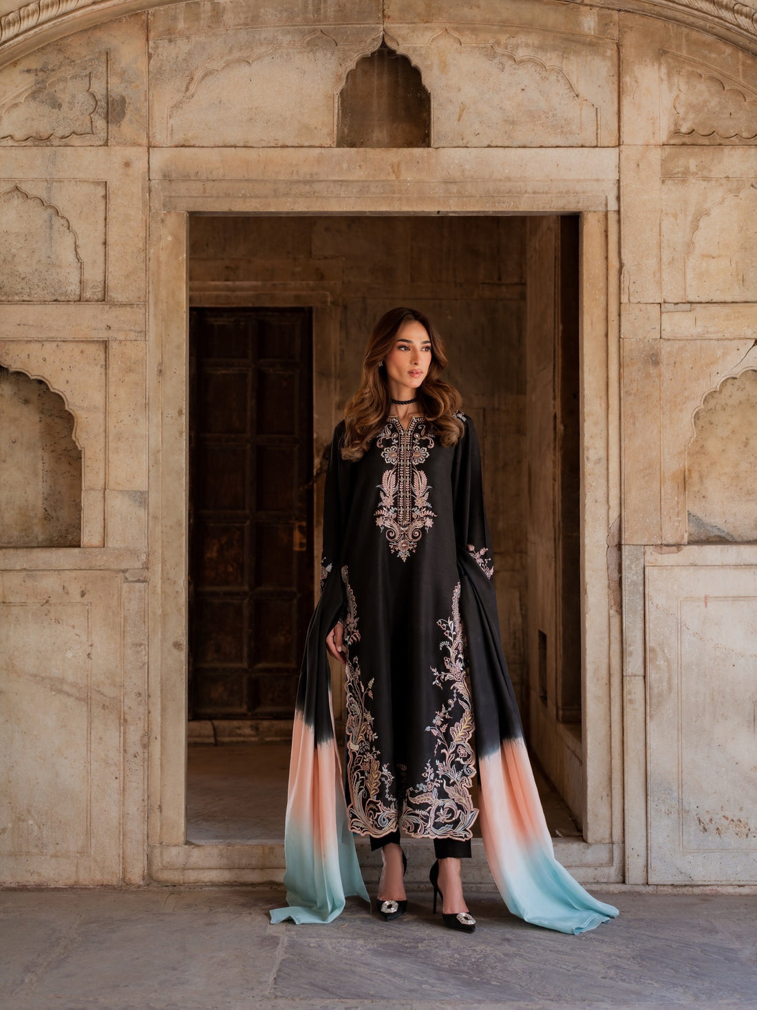 Black Satin Kaftan Kurta Set with Shaded Dupatta