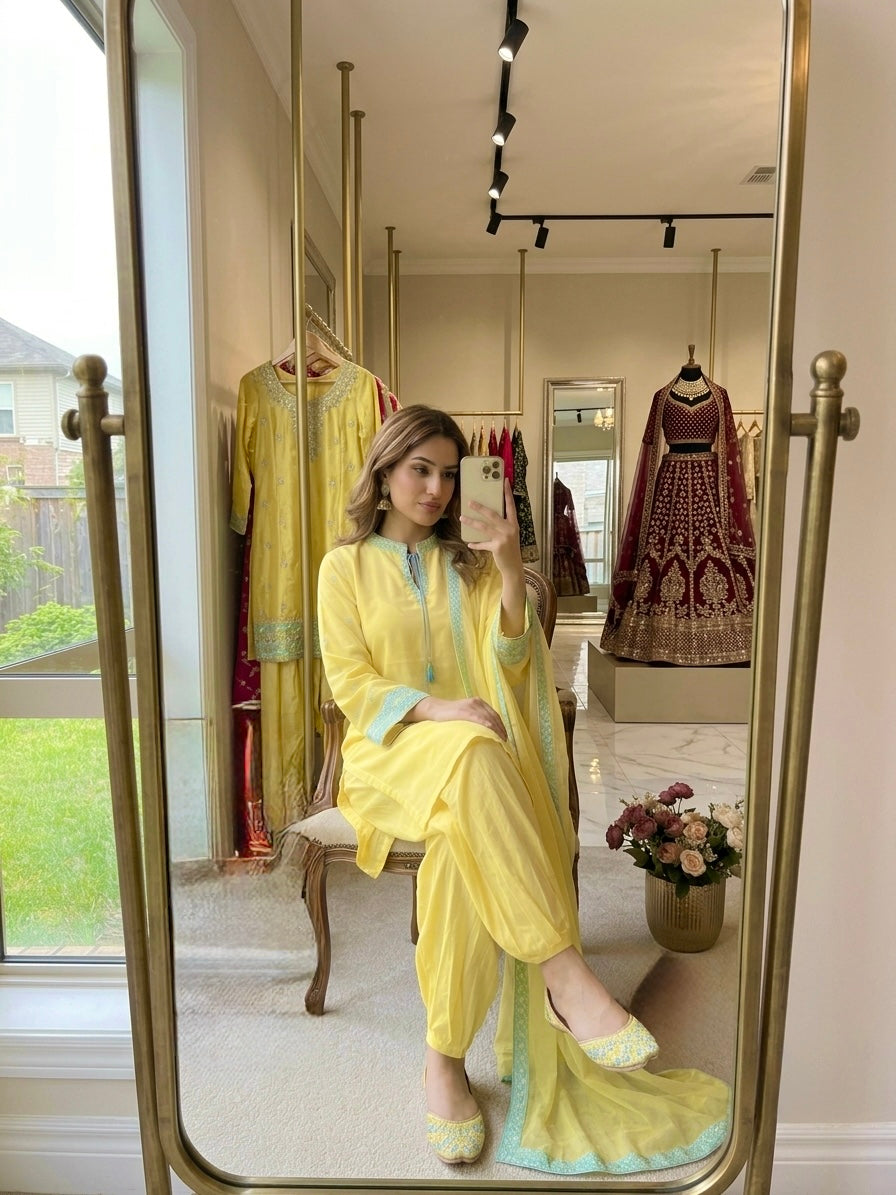 Yellow Crepe Kurta Set with Balloon Pants, view 2
