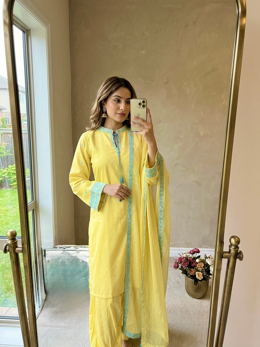 Yellow Crepe Kurta Set with Balloon Pants