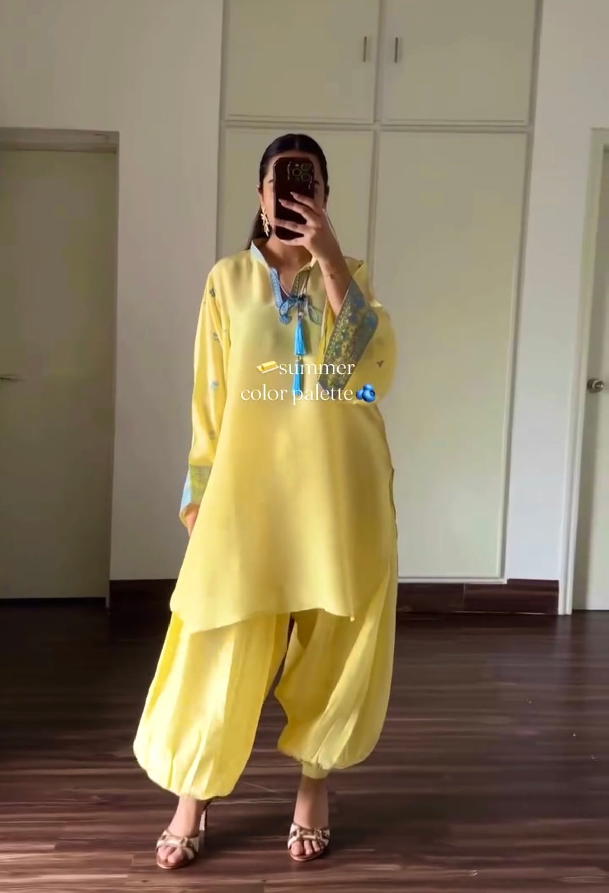 Yellow Crepe Kurta Set with Balloon Pants, view 3