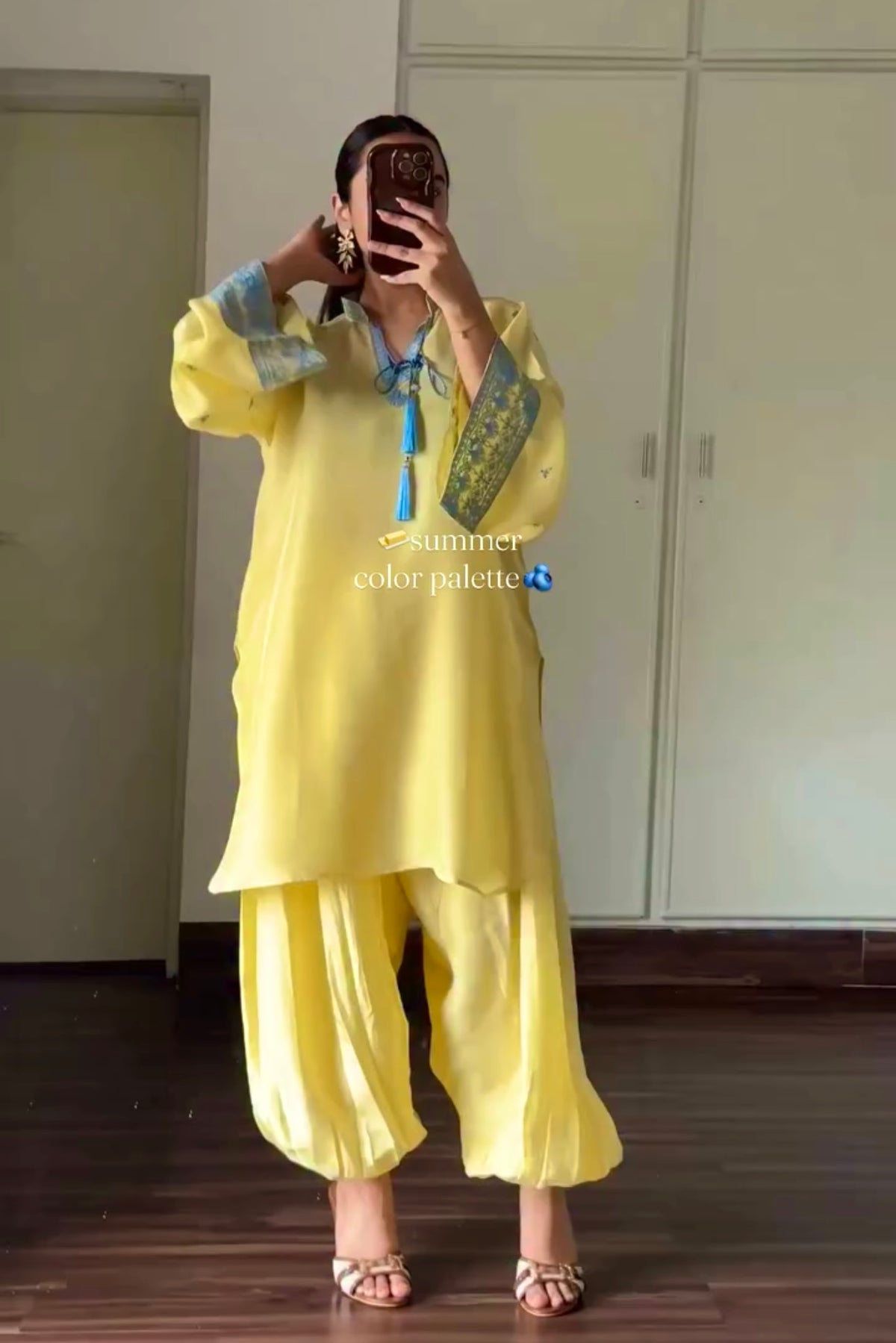 Yellow Crepe Kurta Set with Balloon Pants, view 4
