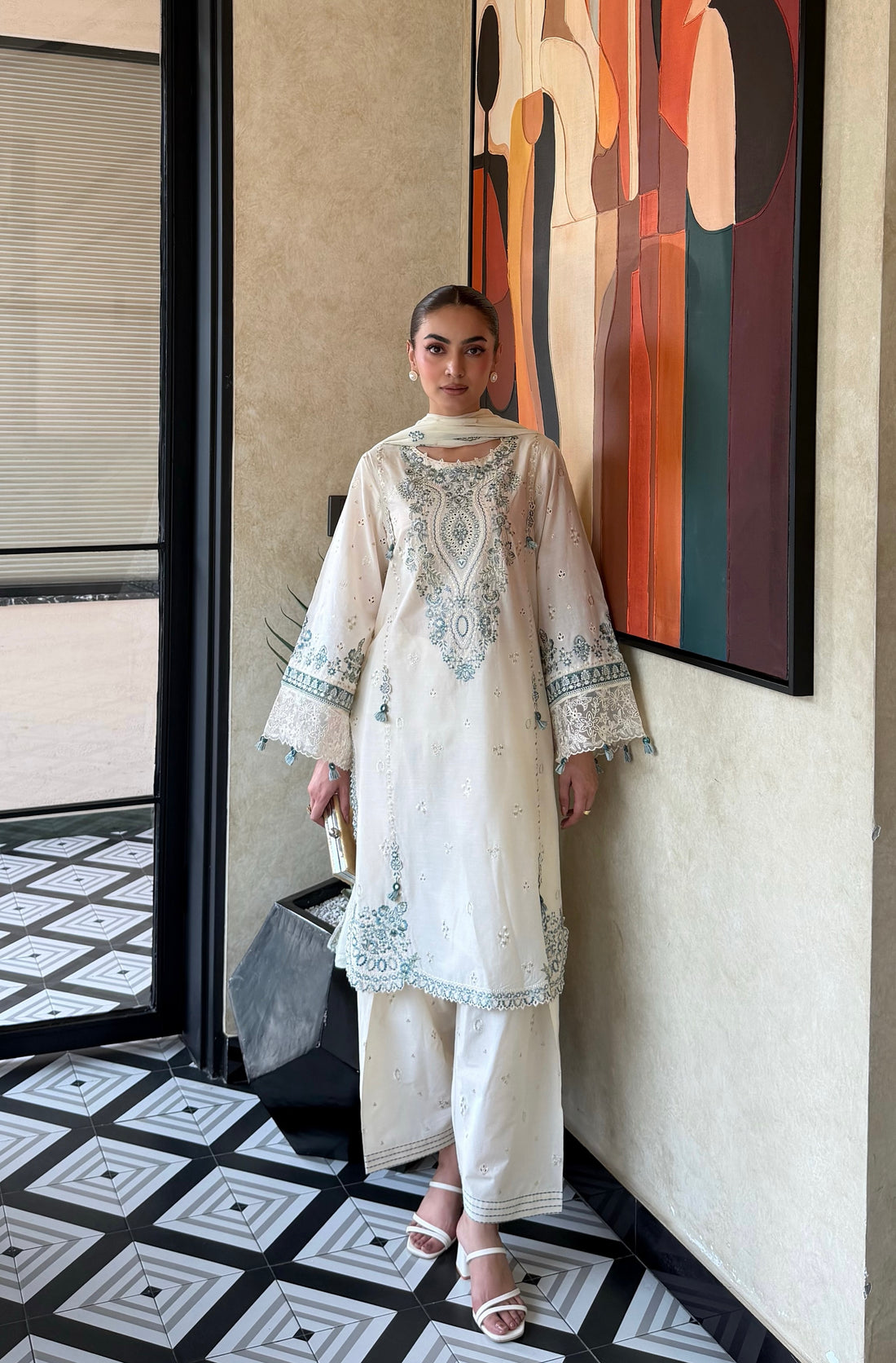 White Satin Kurta Pajama Farshi Set