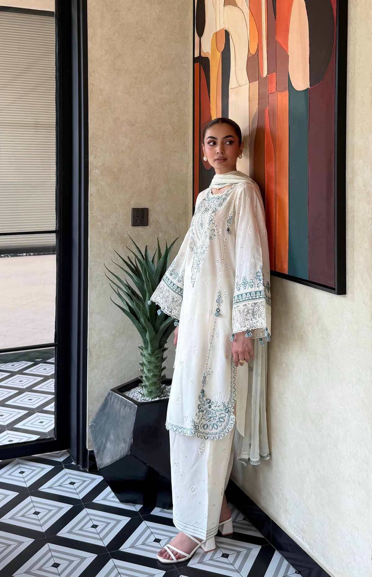 White Satin Kurta Pajama Farshi Set, view 4
