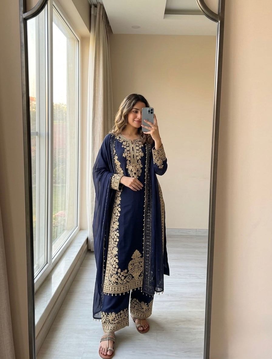 Navy Blue Georgette Long Kurta Palazzo Set, view 2