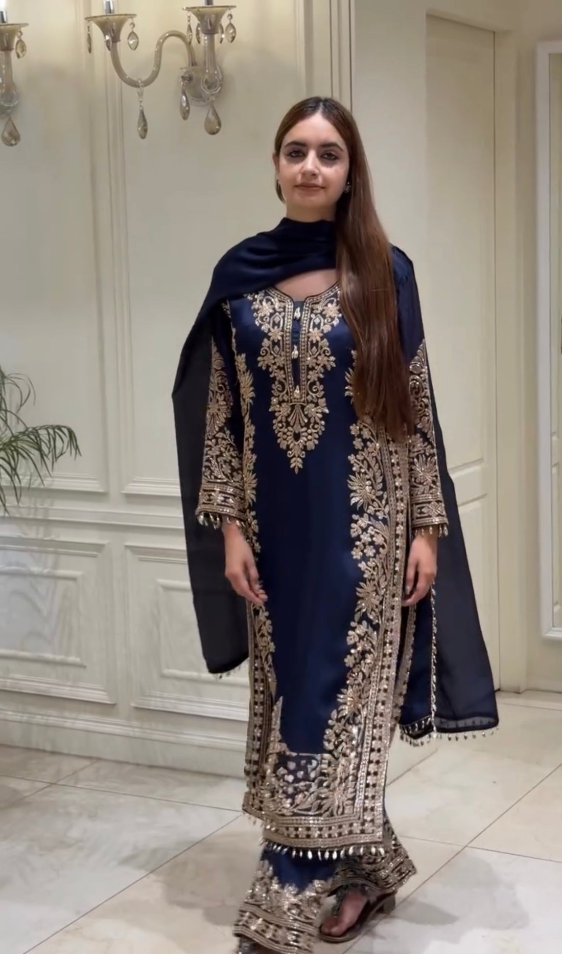 Navy Blue Georgette Long Kurta Palazzo Set