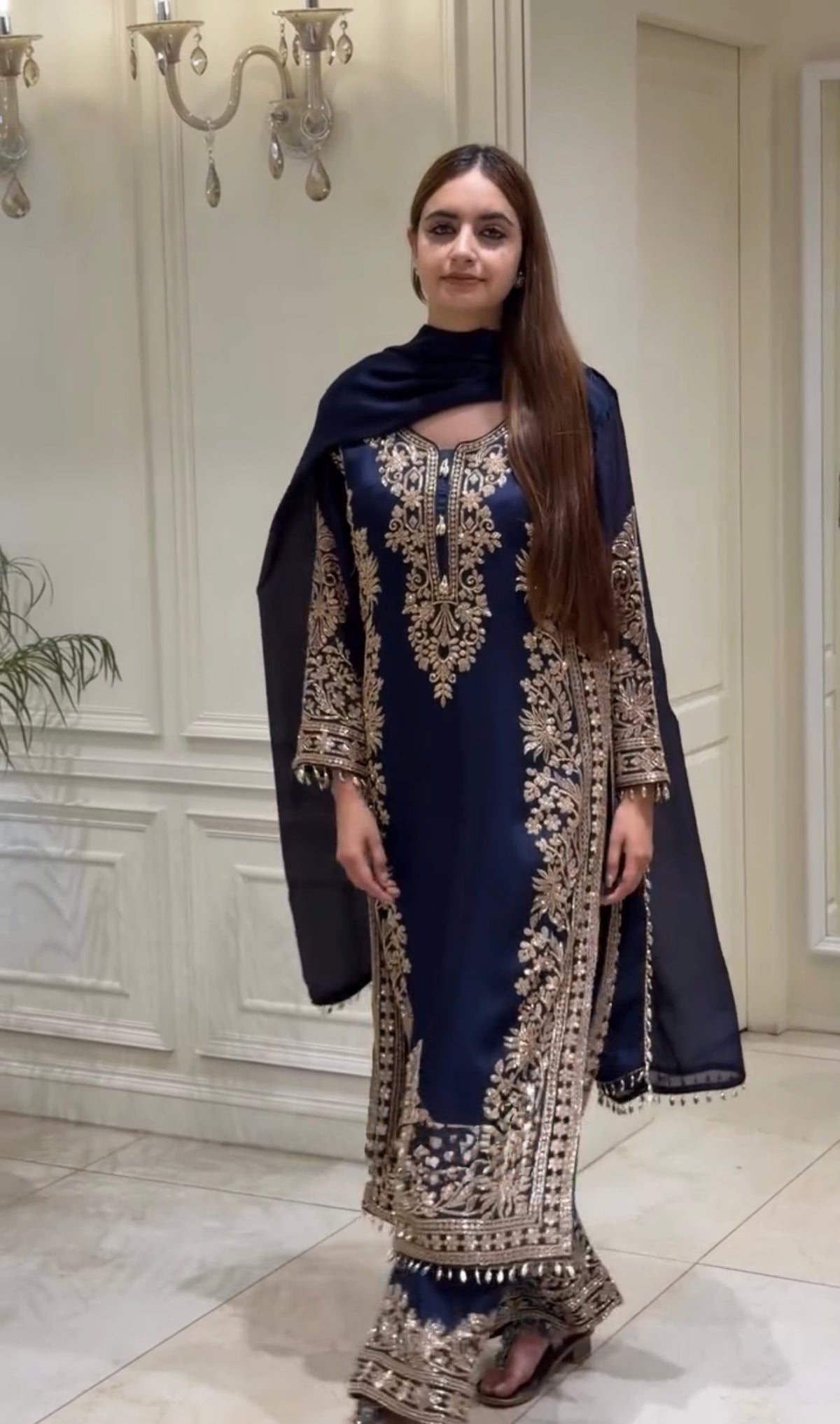 Navy Blue Georgette Long Kurta Palazzo Set