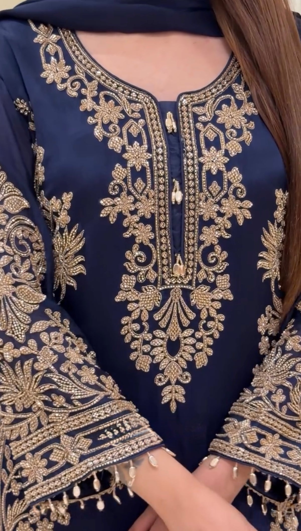Navy Blue Georgette Long Kurta Palazzo Set, view 4