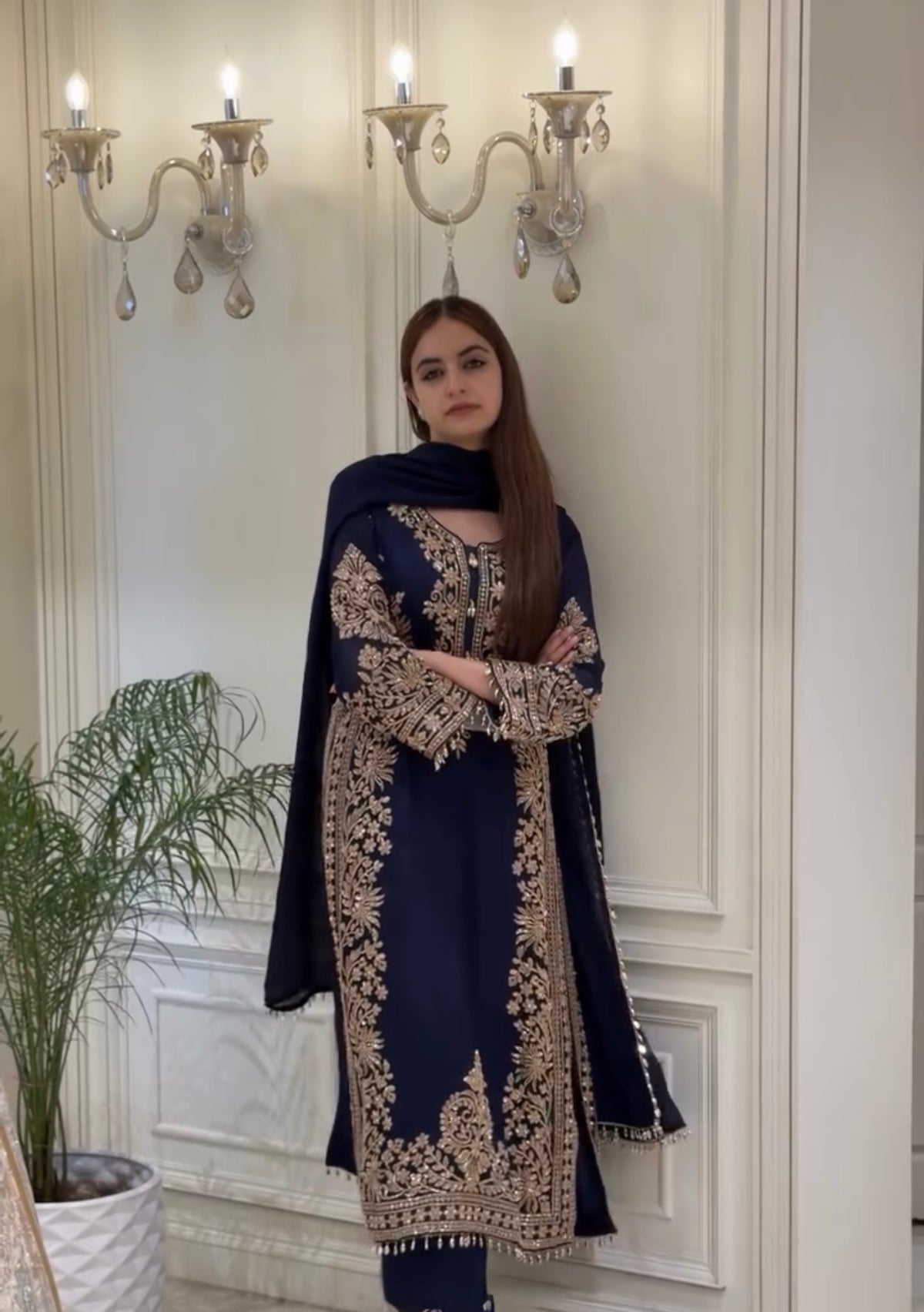 Navy Blue Georgette Long Kurta Palazzo Set, view 3