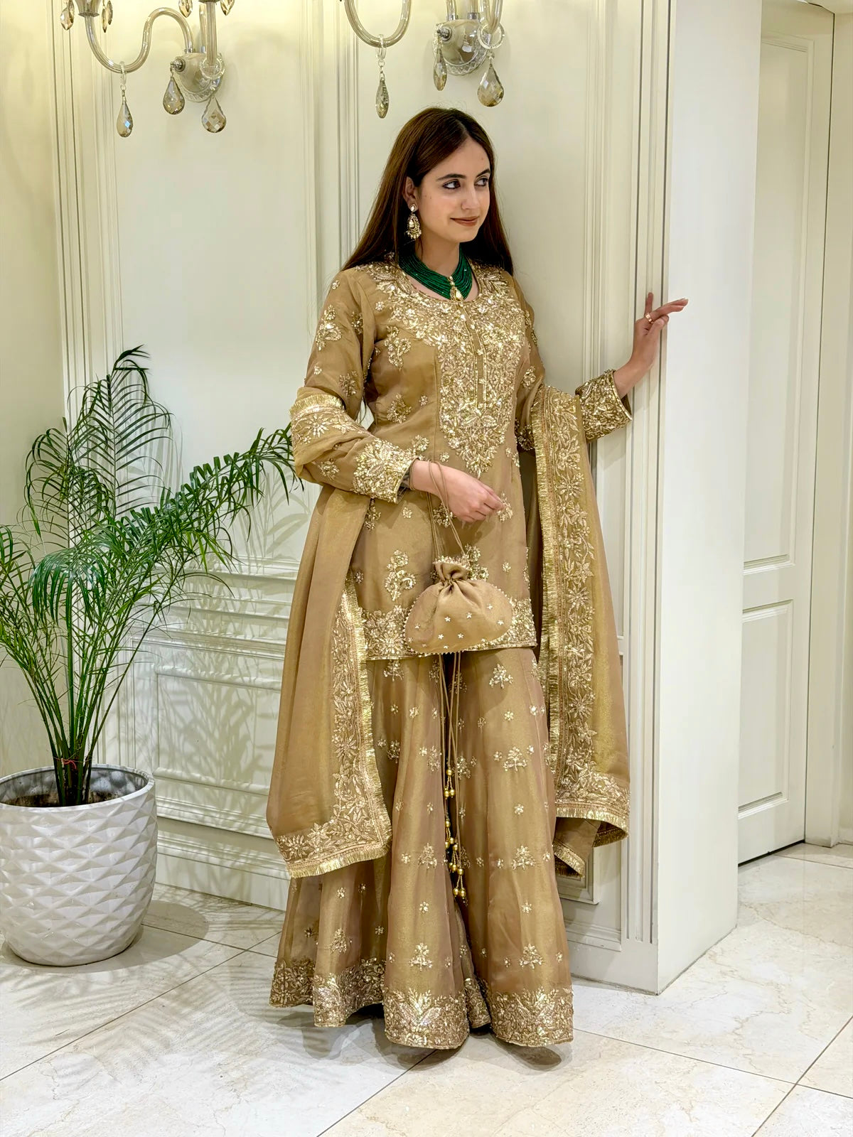 Golden Beige Moss Silk Kurta Palazzo Set