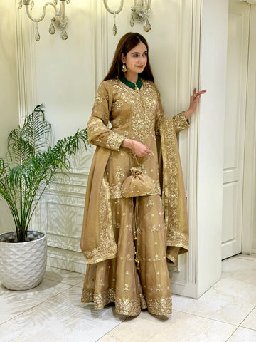 Golden Beige Moss Silk Kurta Palazzo Set