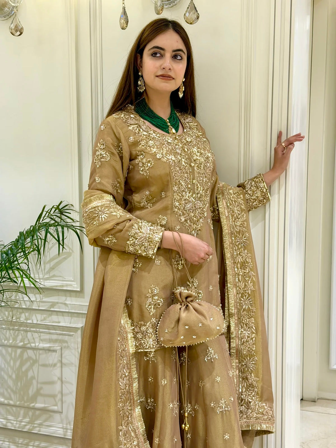Golden Beige Moss Silk Kurta Palazzo Set