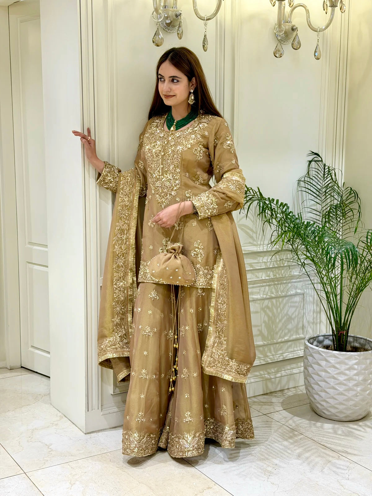 Golden Beige Moss Silk Kurta Palazzo Set, view 3
