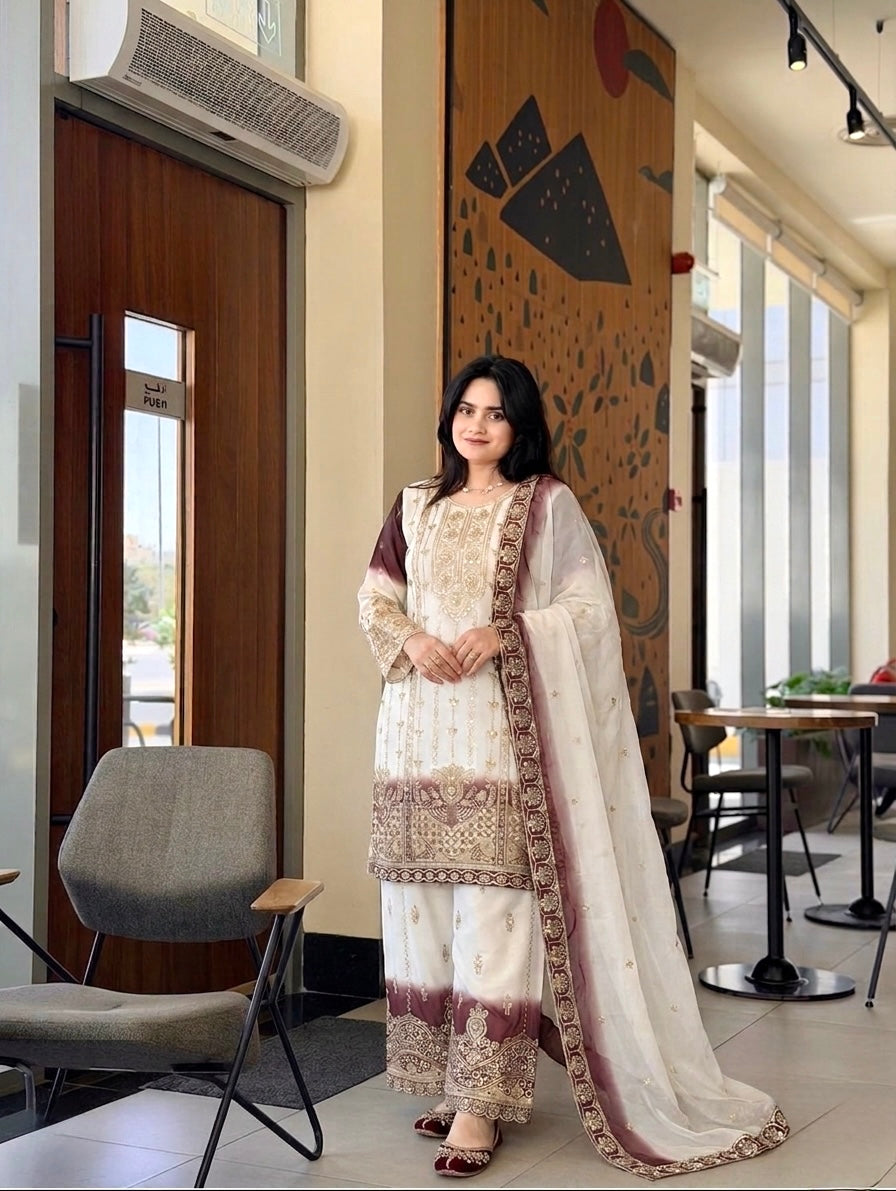 Off-White and Maroon Georgette Kurta Palazzo Set