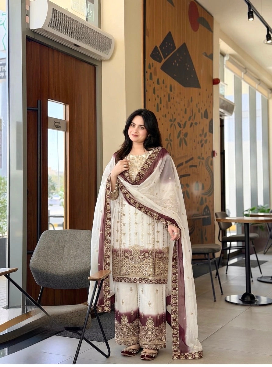 Off-White and Maroon Georgette Kurta Palazzo Set, view 2