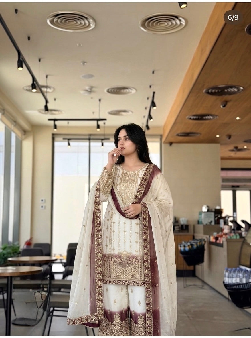 Off-White and Maroon Georgette Kurta Palazzo Set, view 3