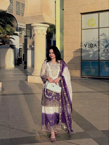 Off-White and Purple Georgette Kurta Palazzo Set with Cutwork