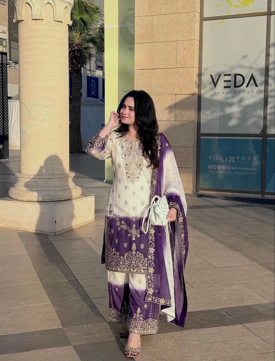 Off-White and Purple Georgette Kurta Palazzo Set with Cutwork, view 2