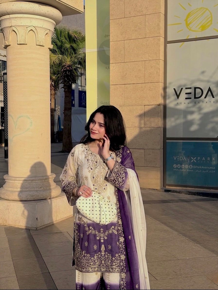 Off-White and Purple Georgette Kurta Palazzo Set with Cutwork, view 3