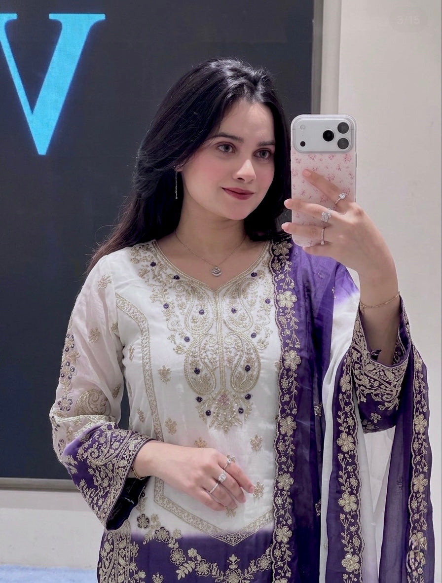 Off-White and Purple Georgette Kurta Palazzo Set with Cutwork, view 4