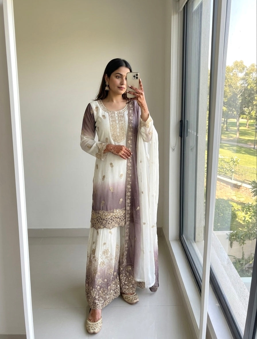 Off-White and Grey Stone Work Georgette Kurta Set