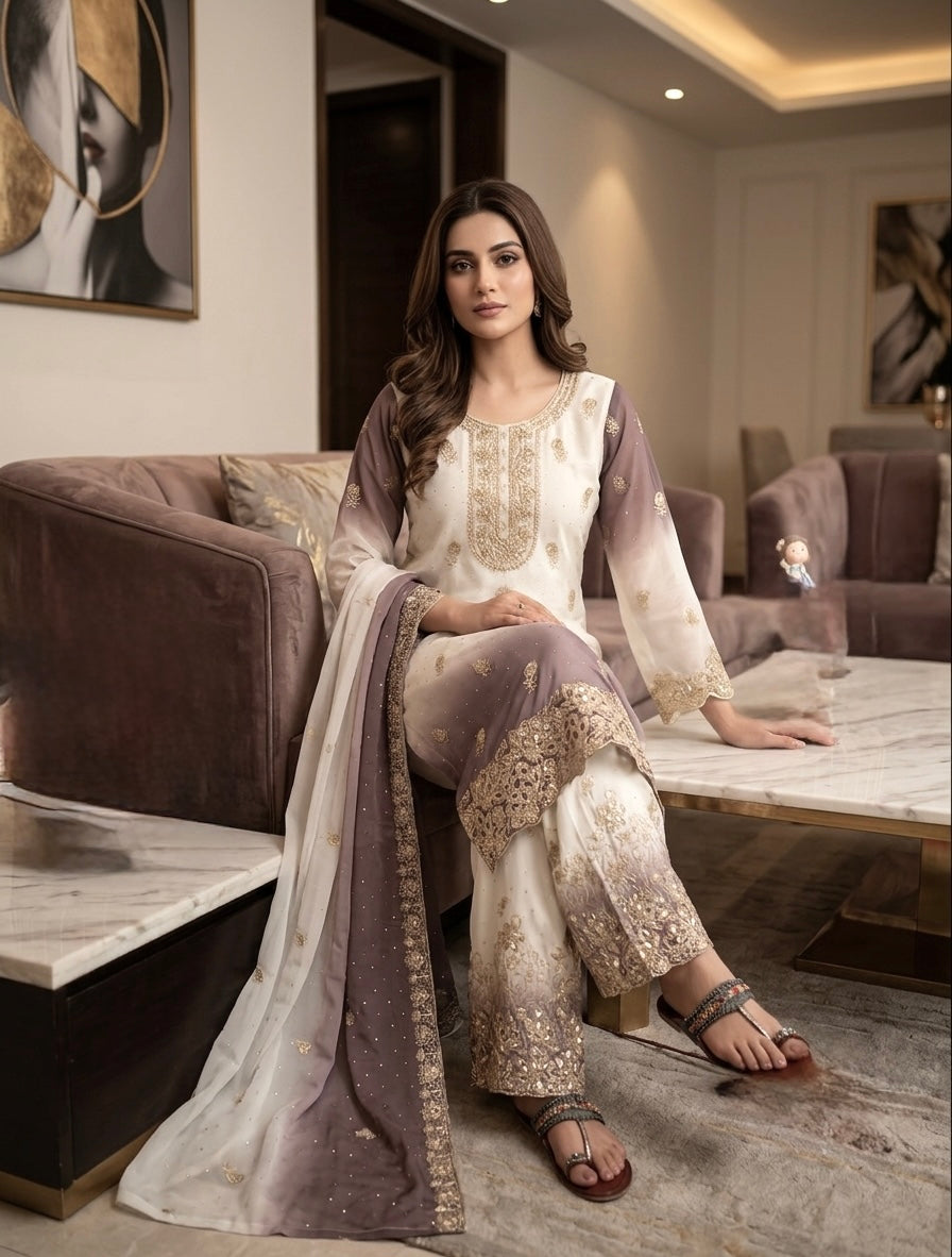 Off-White and Grey Stone Work Georgette Kurta Set, view 2