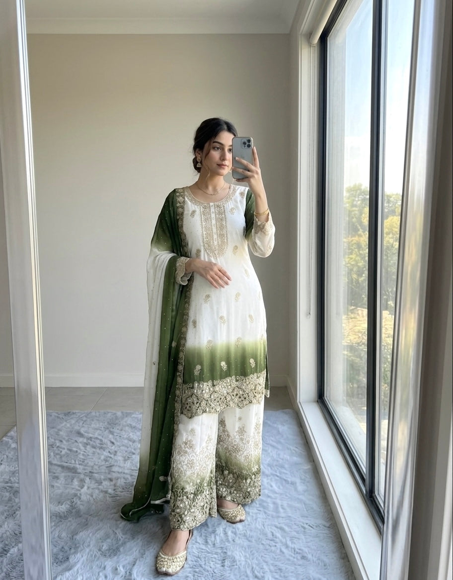 Off-White and Olive Green Stone Work Georgette Kurta Set