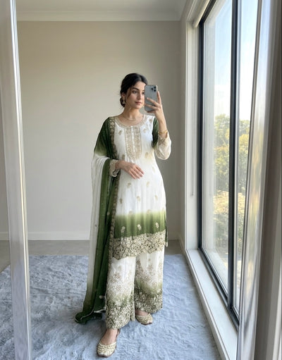 Off-White and Olive Green Stone Work Georgette Kurta Set
