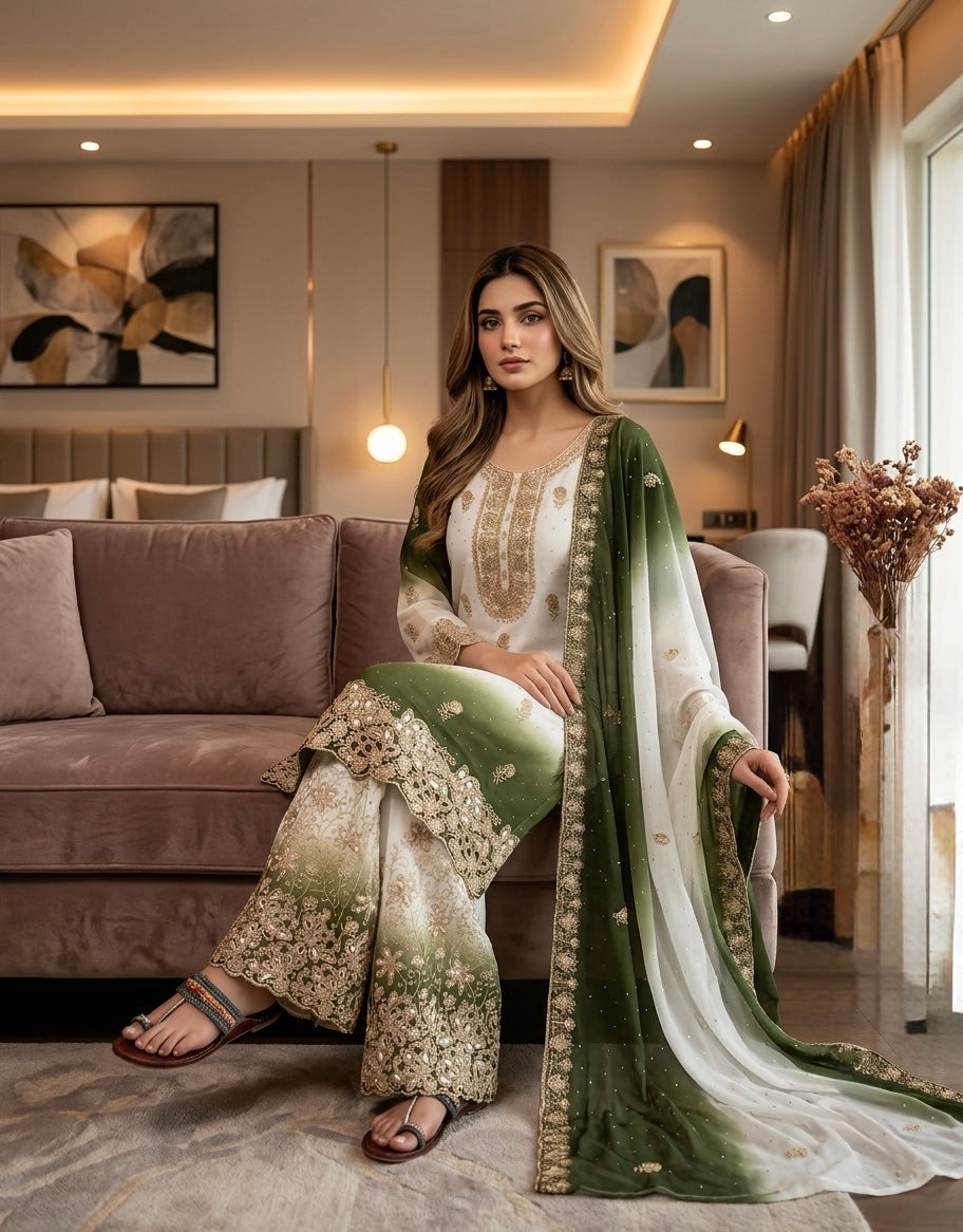 Off-White and Olive Green Stone Work Georgette Kurta Set, view 2
