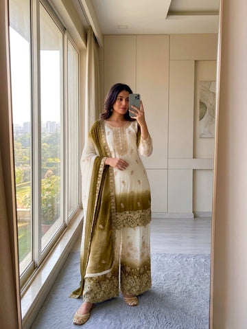 Off-White and Mustard Stone Work Georgette Kurta Set