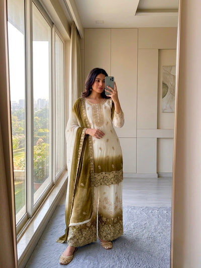 Off-White and Mustard Stone Work Georgette Kurta Set