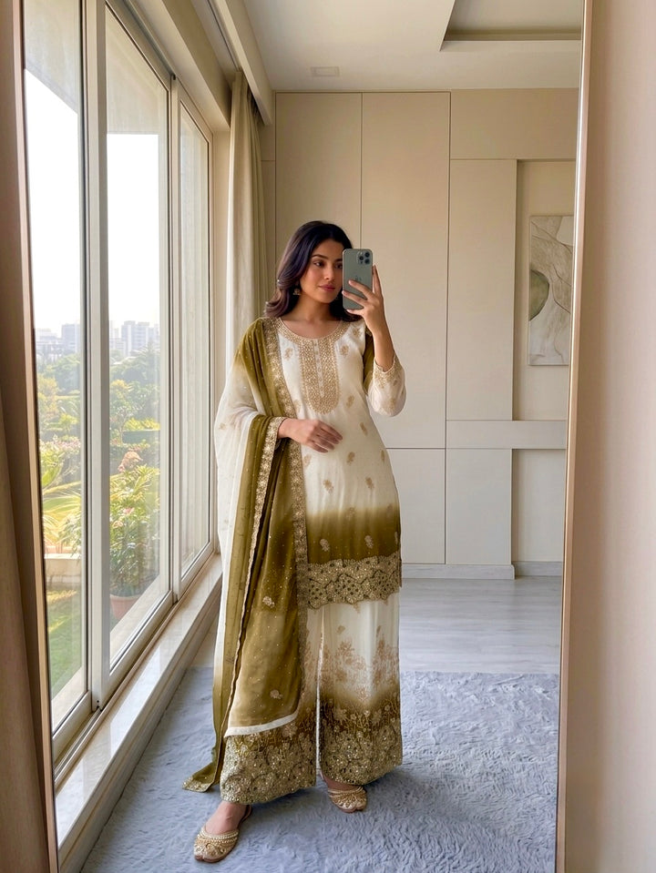 Off-White and Mustard Stone Work Georgette Kurta Set