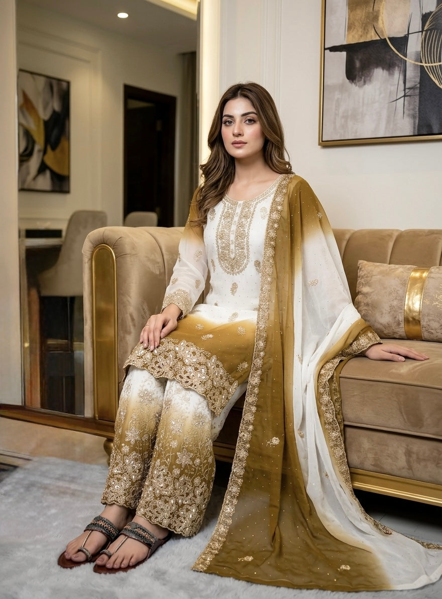 Off-White and Mustard Stone Work Georgette Kurta Set